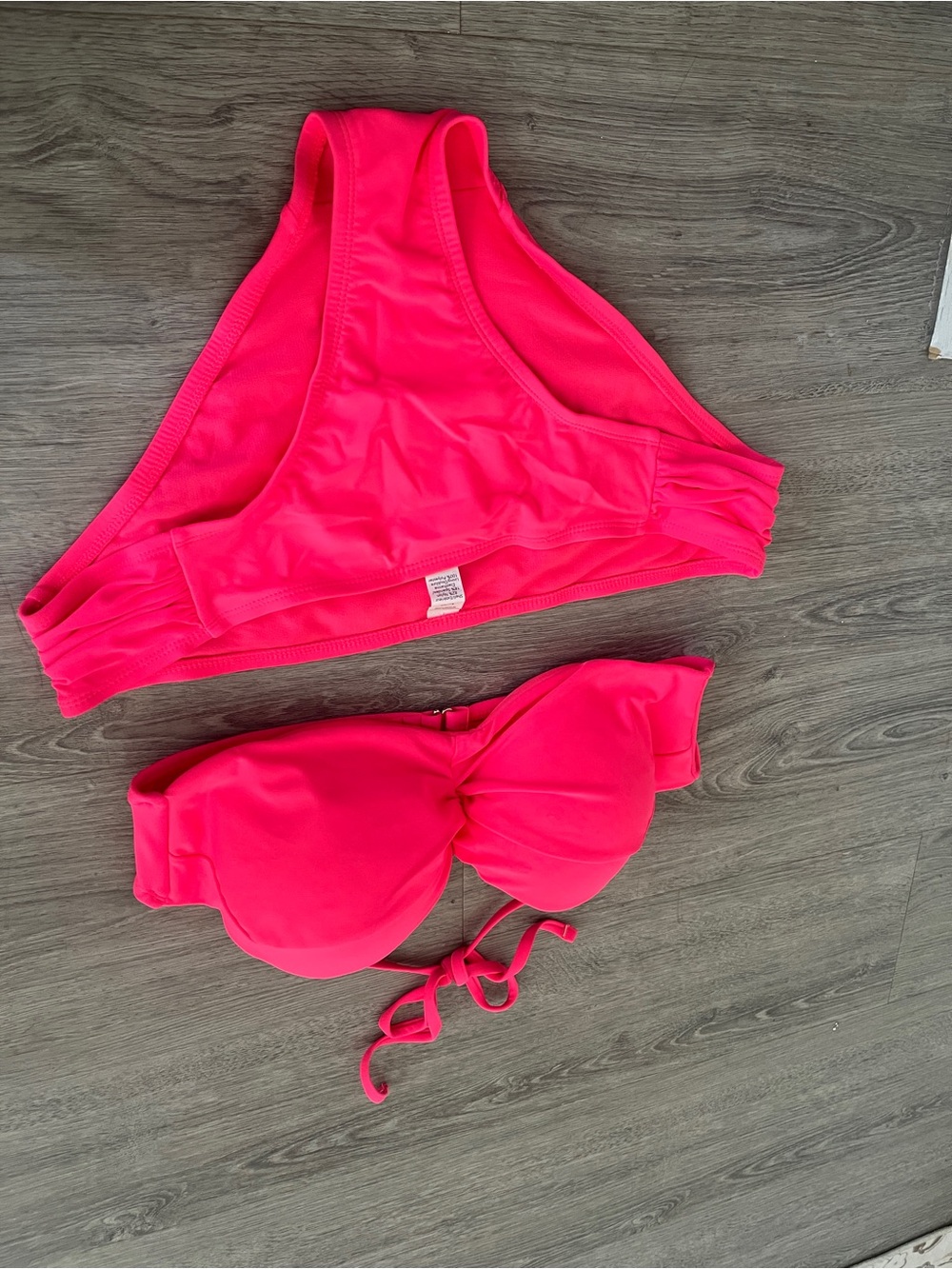 Women's Neon Pink Bikini Set - Strapless Top & High-Waist Bottom